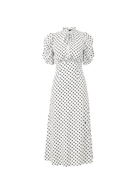 White Vintage-Inspired Puff Sleeves Polka Dot Midi Dress