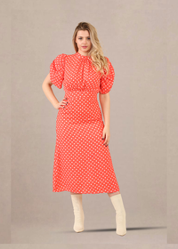 Orange Vintage-Inspired Puff Sleeves Polka Dot Midi Dress