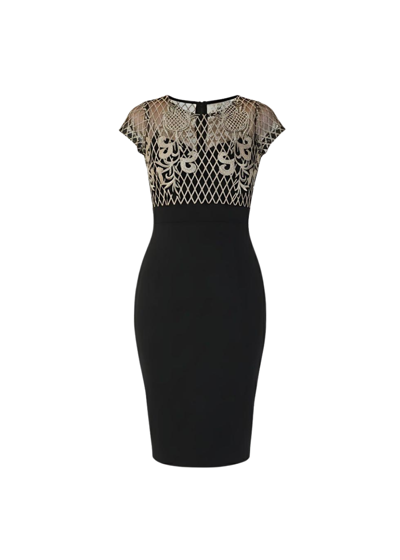 Black Contrast Midi Dress With Embroidered Mesh Detail