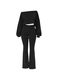 Black Ribbed Two-Piece Off-Shoulder Crop Top & Wide Leg Trouser