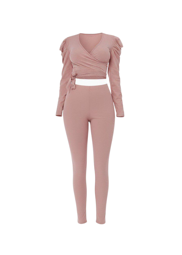 Blush Ruched Ribbed Wrap Crop Top and Leggings Co-ord Set