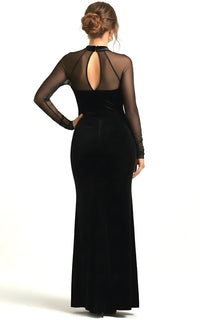 Black Velvet Mesh Long Sleeve High Slit Maxi Dress
