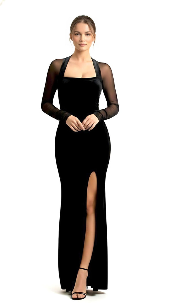 Black Velvet Mesh Long Sleeve Thigh High Slit Maxi Dress