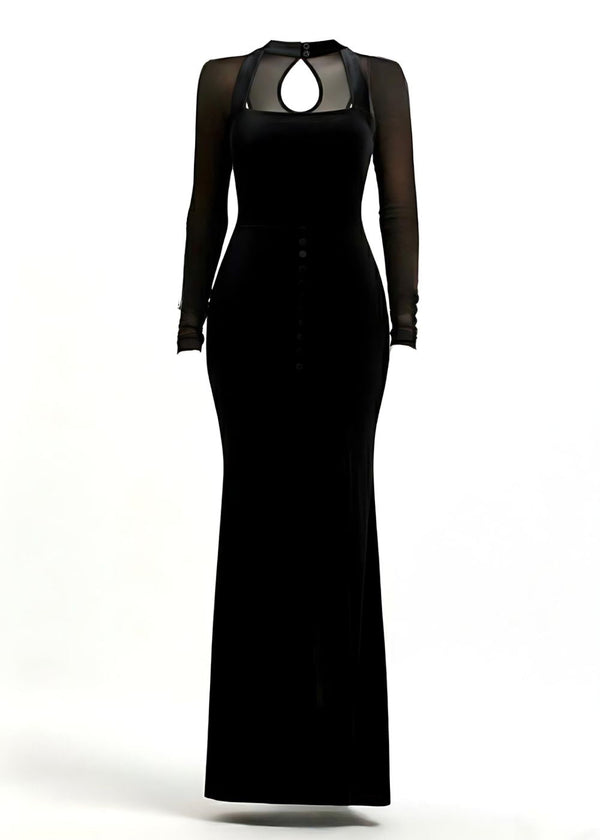 Black Velvet Mesh Long Sleeve Thigh High Slit Maxi Dress