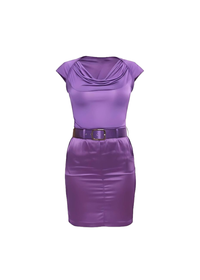 Violet Cowl Neck Satin Short Sleeve Belted Mini Dress