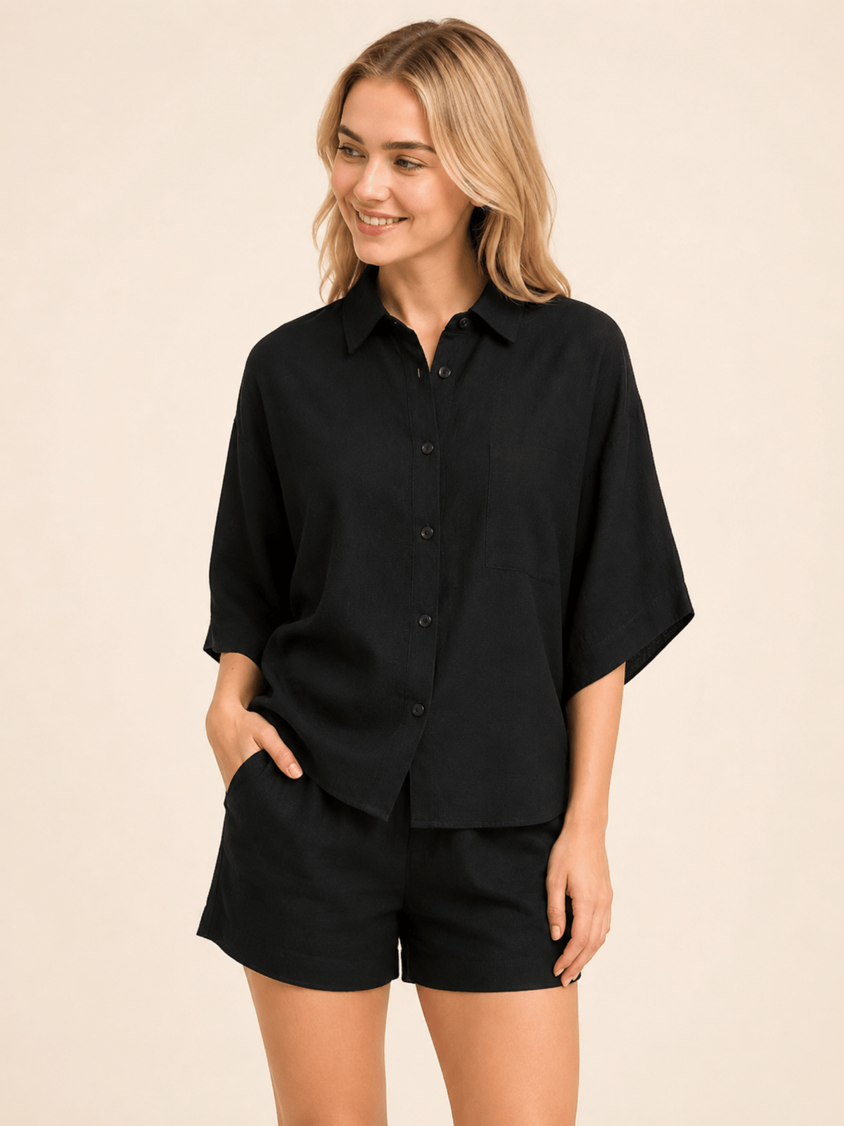 Black Textured Linen Look Elasticated Waist Shorts Co-Ord