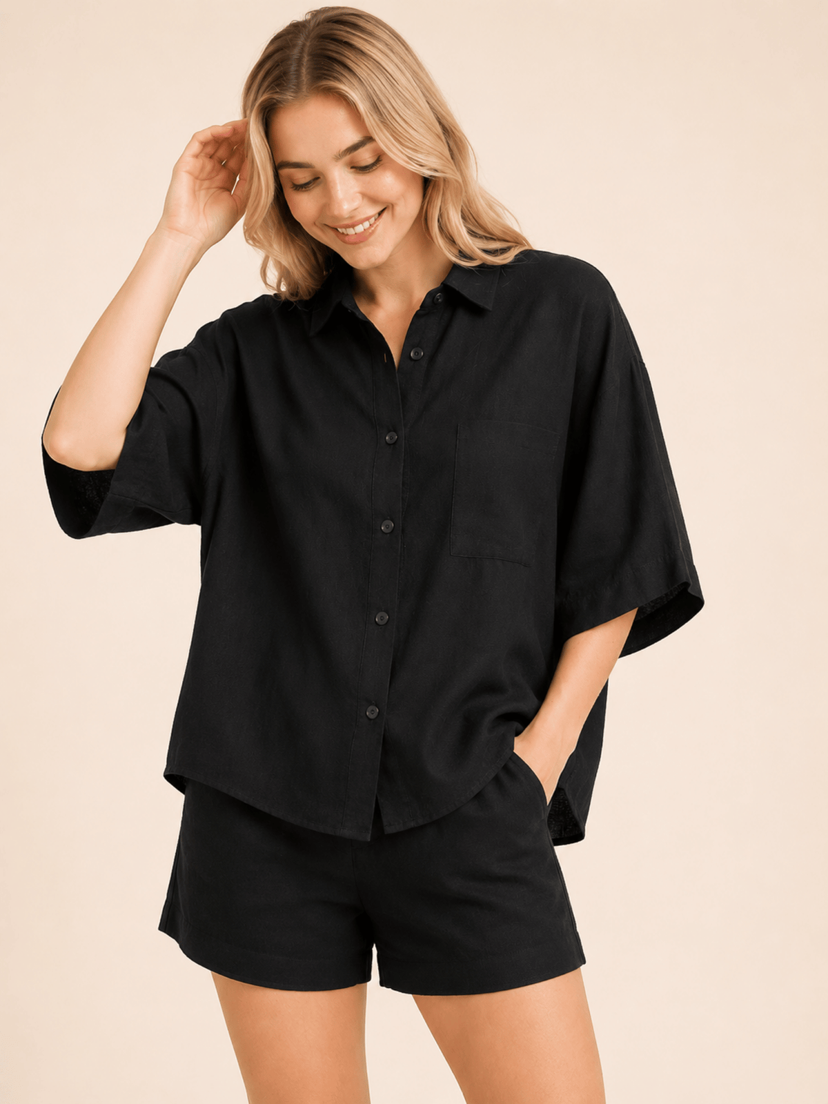 Black Textured Linen Look Oversized Shirt Co-ord