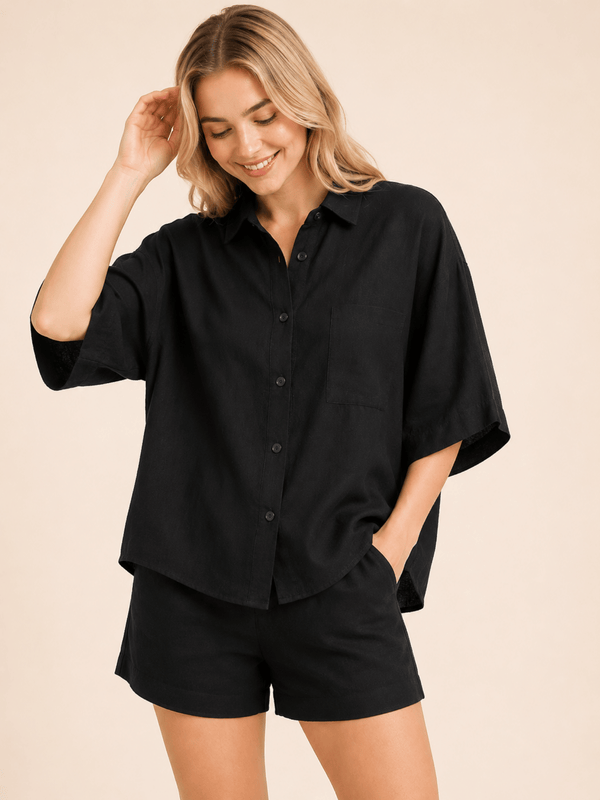 Black Textured Linen Look Oversized Shirt Co-ord