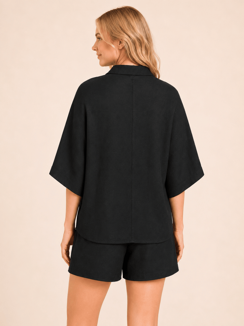 Black Textured Linen Look Elasticated Waist Shorts Co-Ord