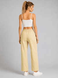 Stone Linen Blend Elastic Tie Waist Trousers