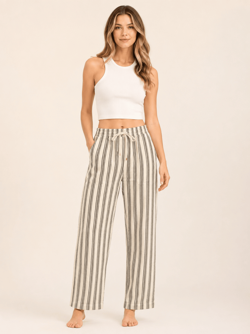 Black Striped Linen Blend Elastic Tie Waist Trousers