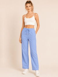 Blue Linen Blend Elastic Tie Waist Trousers