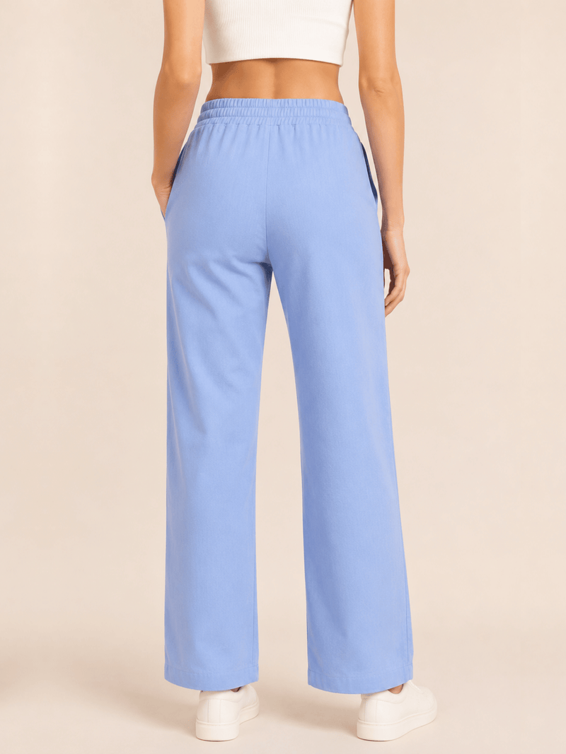 Blue Linen Blend Elastic Tie Waist Trousers