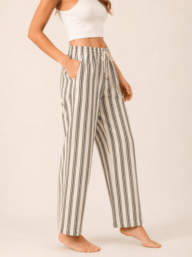 Black Striped Linen Blend Elastic Tie Waist Trousers