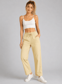 Stone Linen Blend Elastic Tie Waist Trousers