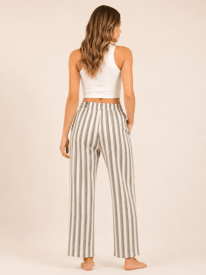 Black Striped Linen Blend Elastic Tie Waist Trousers