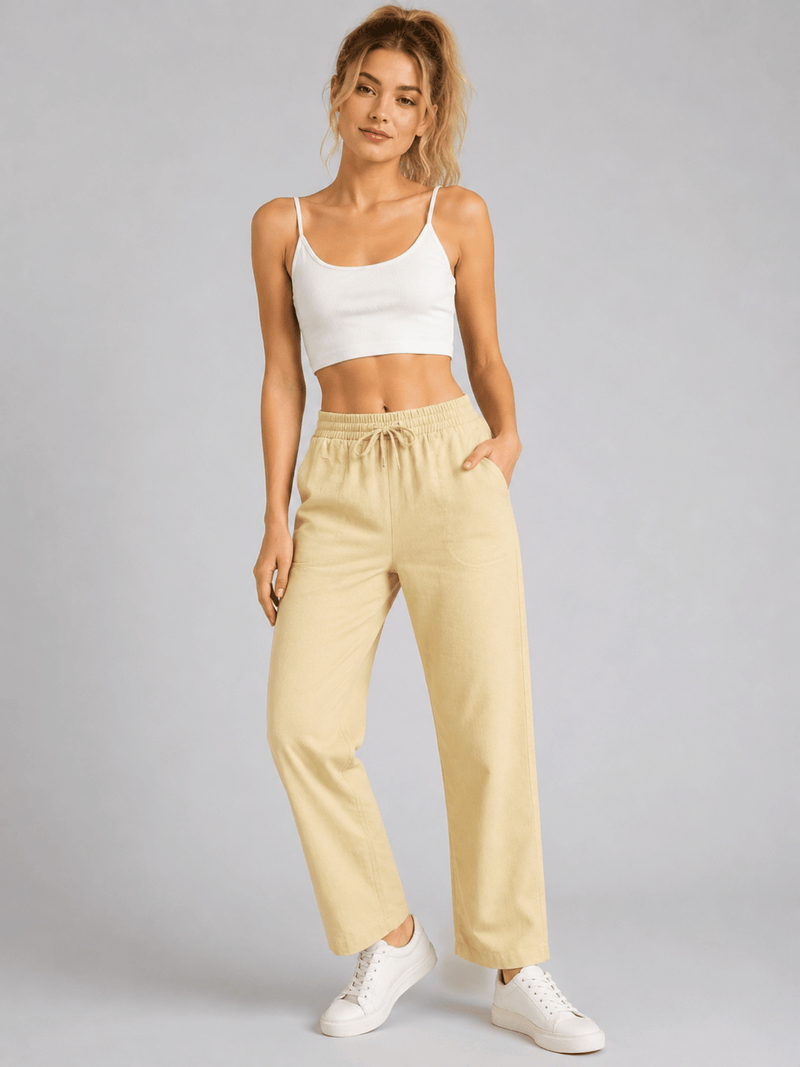 Stone Linen Blend Elastic Tie Waist Trousers