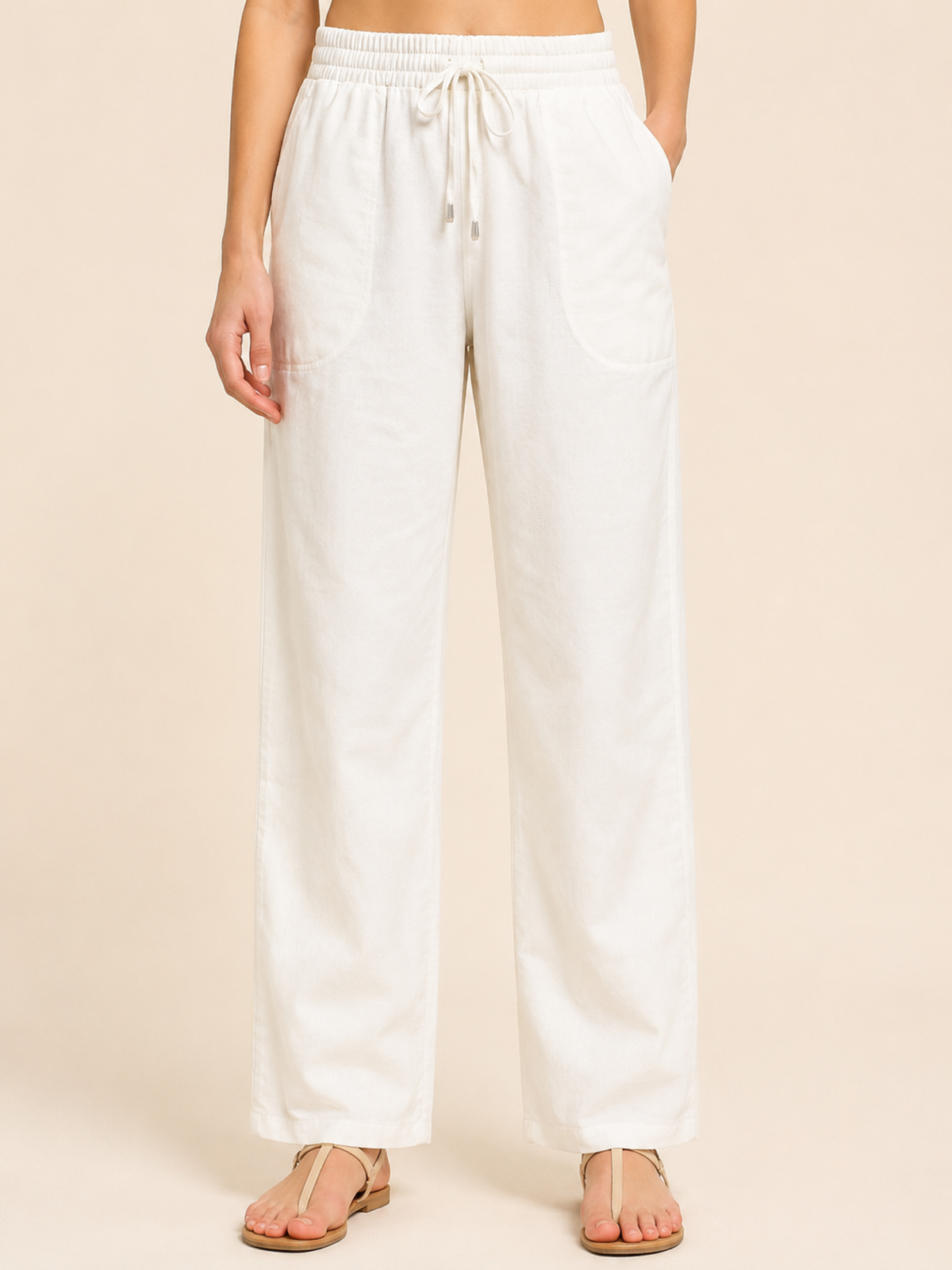 Natural Linen Blend Elastic Tie Waist Trousers