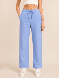 Blue Linen Blend Elastic Tie Waist Trousers