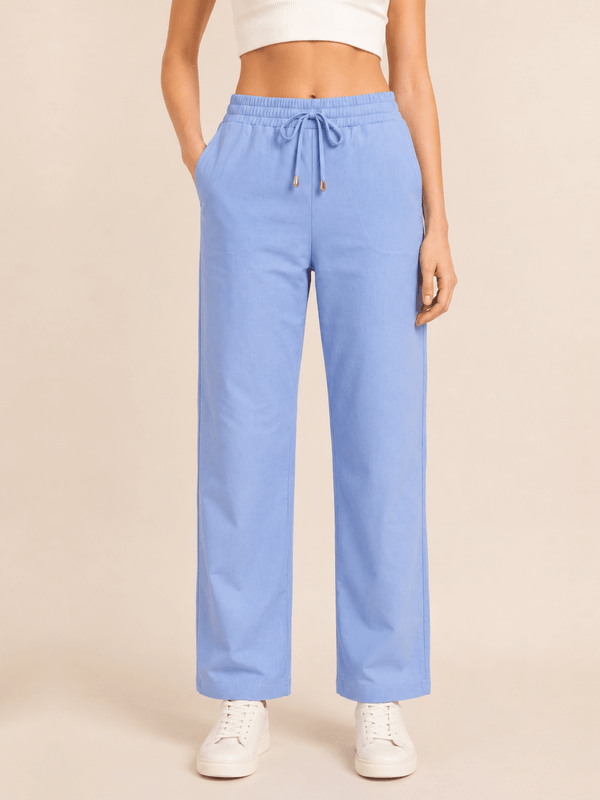 Blue Linen Blend Elastic Tie Waist Trousers