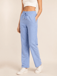 Blue Linen Blend Elastic Tie Waist Trousers