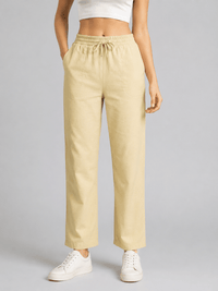 Stone Linen Blend Elastic Tie Waist Trousers
