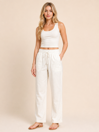 Natural Linen Blend Elastic Tie Waist Trousers