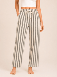 Black Striped Linen Blend Elastic Tie Waist Trousers
