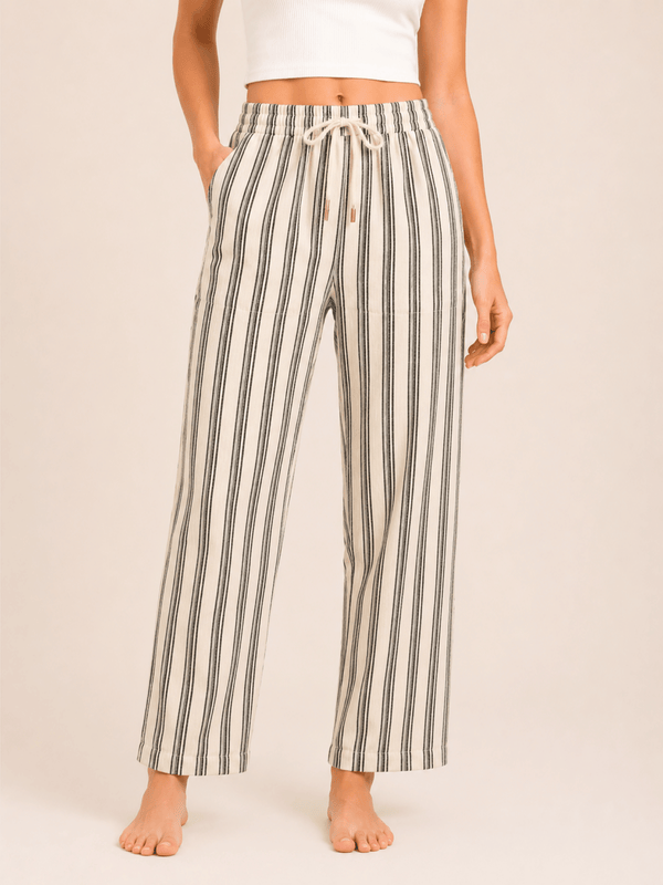 Black Striped Linen Blend Elastic Tie Waist Trousers