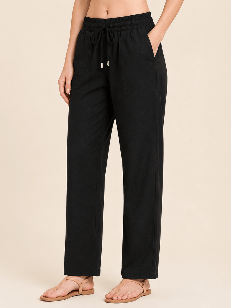 Black Linen Blend Elastic Tie Waist Trousers