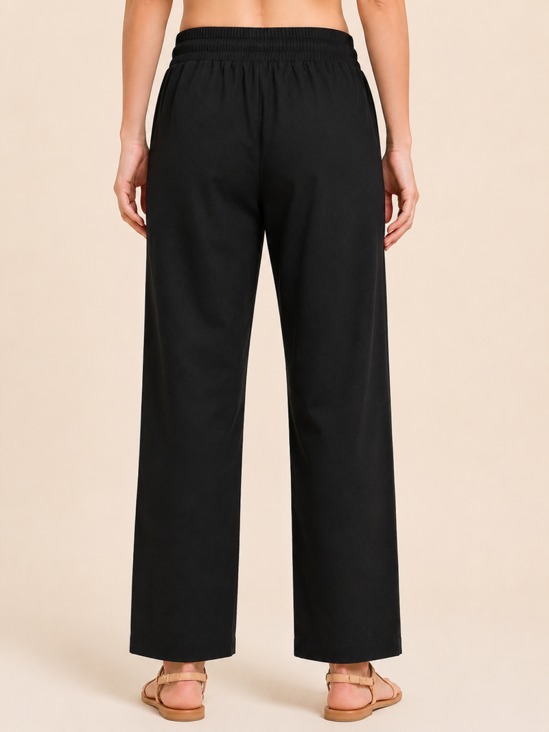 Black Linen Blend Elastic Tie Waist Trousers