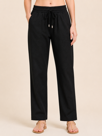 Black Linen Blend Elastic Tie Waist Trousers