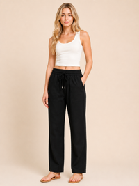 Black Linen Blend Elastic Tie Waist Trousers