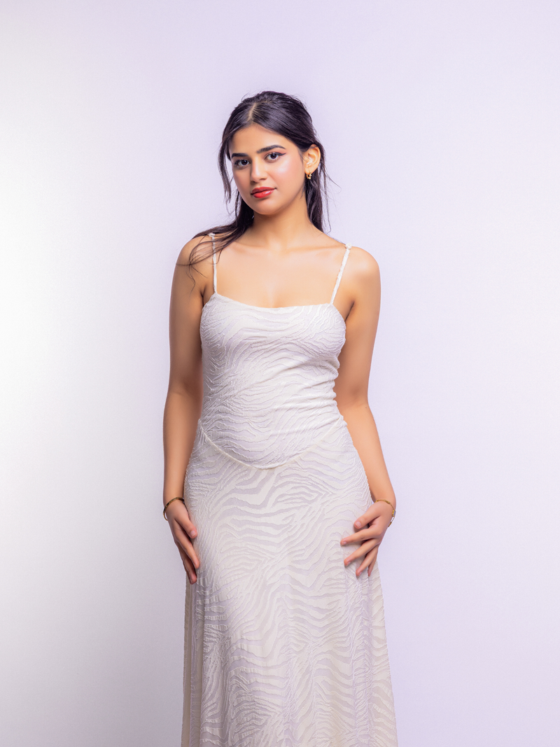 Cream A-Line Jacquard Thin Adjustable Straps Maxi Dress