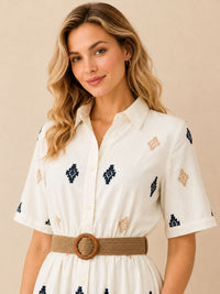 Women's White Embroidered Shirt Maxi Dress – Navy & Beige Embroidery