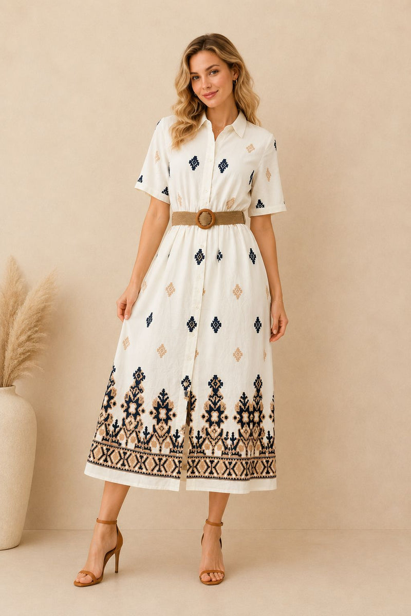 Women's White Embroidered Shirt Maxi Dress – Navy & Beige Embroidery