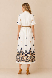 Women's White Embroidered Shirt Maxi Dress – Navy & Beige Embroidery