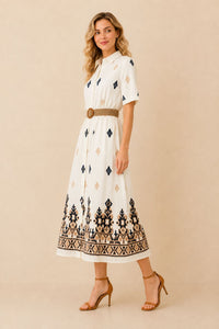 Women's White Embroidered Shirt Maxi Dress – Navy & Beige Embroidery