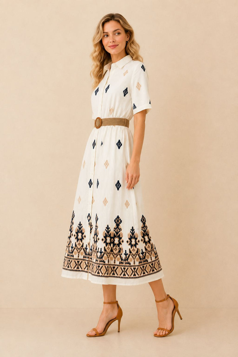 Women's White Embroidered Shirt Maxi Dress – Navy & Beige Embroidery