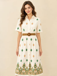 Women's White Embroidered Shirt Maxi Dress – Green & Beige Embroidery