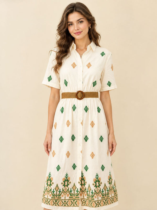 Women's White Embroidered Shirt Maxi Dress – Green & Beige Embroidery