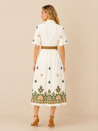Women's White Embroidered Shirt Maxi Dress – Green & Beige Embroidery