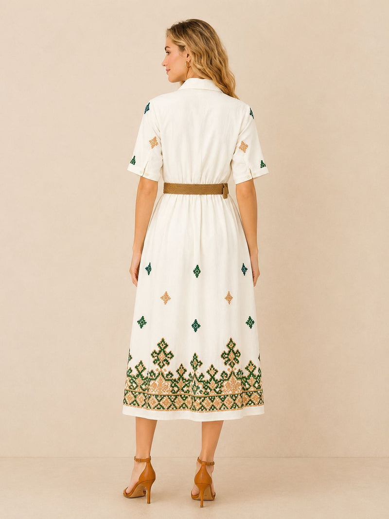 Women's White Embroidered Shirt Maxi Dress – Green & Beige Embroidery