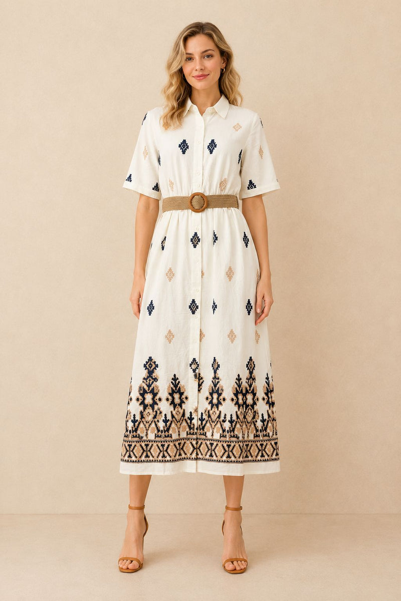 Women's White Embroidered Shirt Maxi Dress – Navy & Beige Embroidery