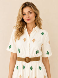 Women's White Embroidered Shirt Maxi Dress – Green & Beige Embroidery