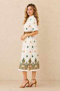 Women's White Embroidered Shirt Maxi Dress – Green & Beige Embroidery