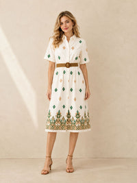 Women's White Embroidered Shirt Maxi Dress – Green & Beige Embroidery