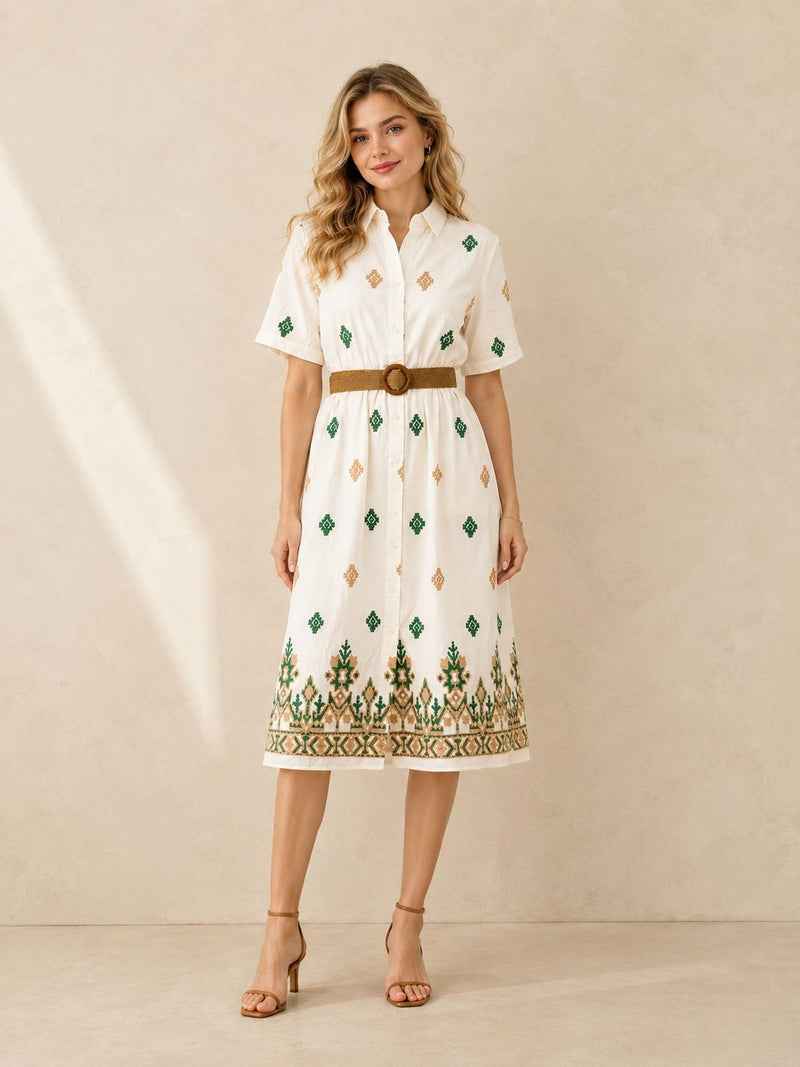 Women's White Embroidered Shirt Maxi Dress – Green & Beige Embroidery