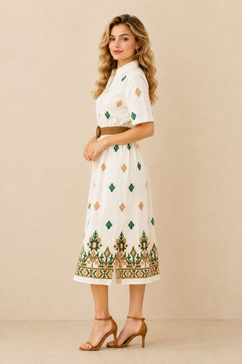 Women's White Embroidered Shirt Maxi Dress – Green & Beige Embroidery