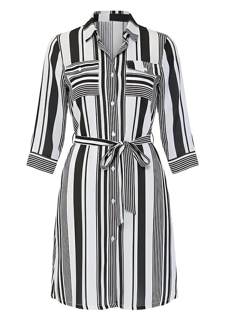 Monochrome Striped Georgette Button-Down Shirt Dress